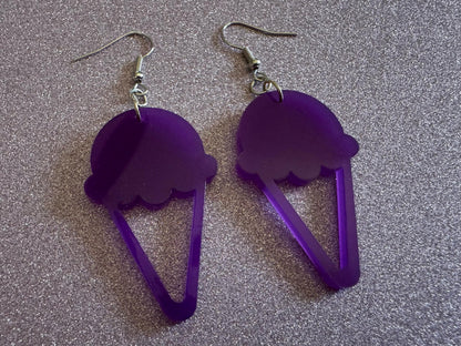 Ice Cream Earrings: Laser Cut Acrylic Purple Ice Cream Cones, Miniature Food, Novelty, Foodie, Taro, Hawaiian, Best Gifts for Her/Him/Them