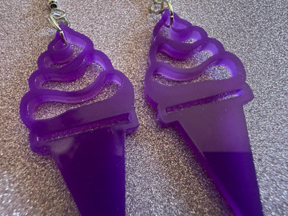 Ice Cream Earrings: Laser Cut Acrylic Purple Ice Cream Cones, Miniature Food, Novelty, Foodie, Taro, Hawaiian, Best Gifts for Her/Him/Them