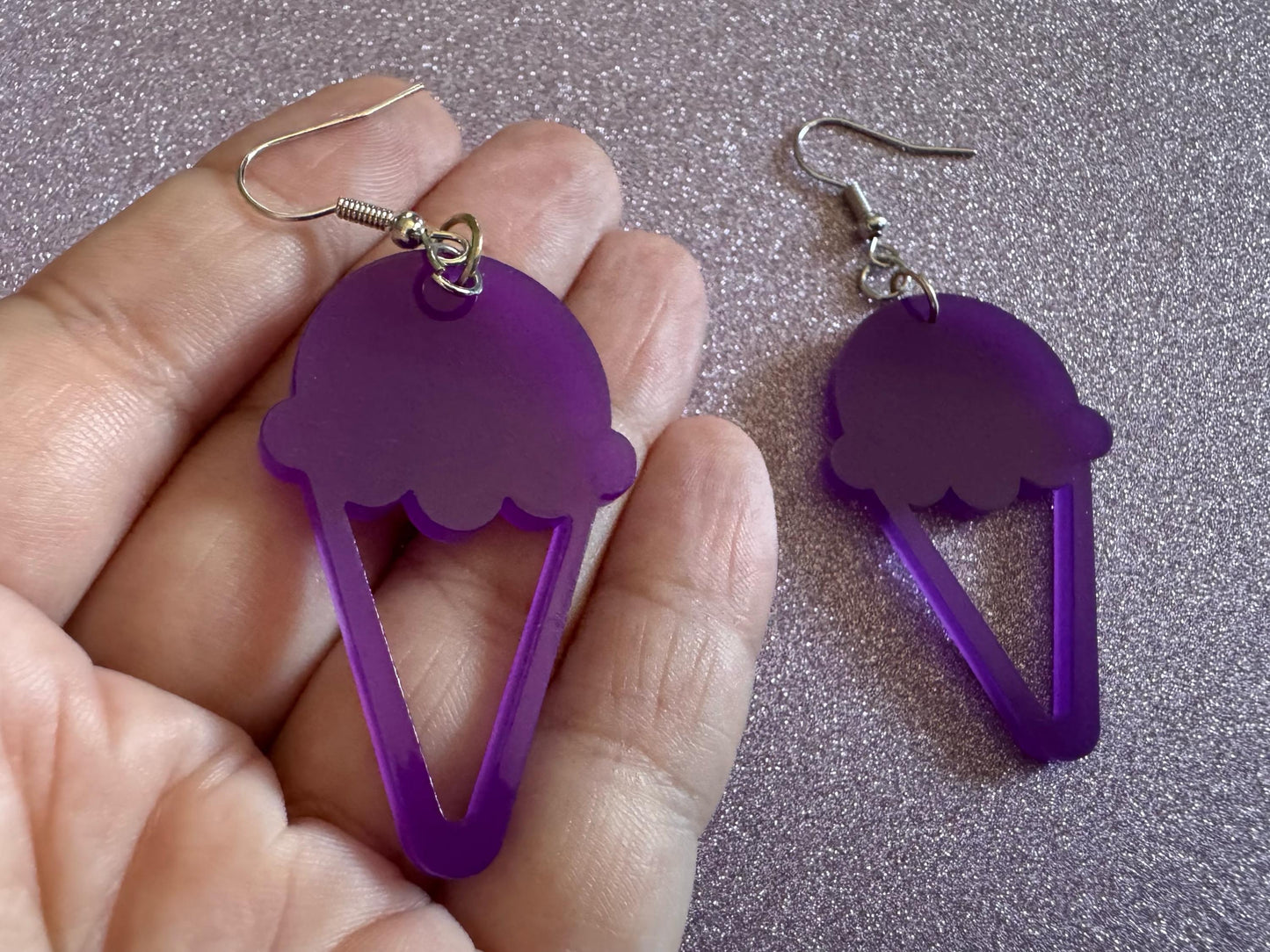 Ice Cream Earrings: Laser Cut Acrylic Purple Ice Cream Cones, Miniature Food, Novelty, Foodie, Taro, Hawaiian, Best Gifts for Her/Him/Them
