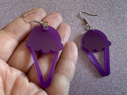 Ice Cream Earrings: Laser Cut Acrylic Purple Ice Cream Cones, Miniature Food, Novelty, Foodie, Taro, Hawaiian, Best Gifts for Her/Him/Them