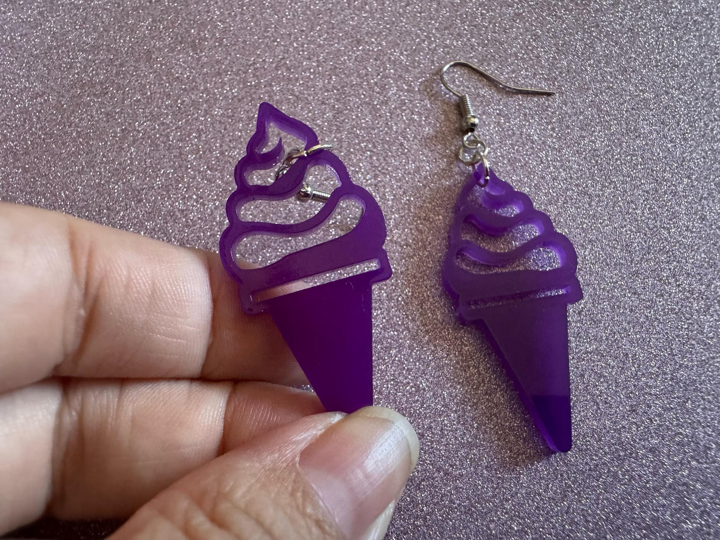 Ice Cream Earrings: Laser Cut Acrylic Purple Ice Cream Cones, Miniature Food, Novelty, Foodie, Taro, Hawaiian, Best Gifts for Her/Him/Them