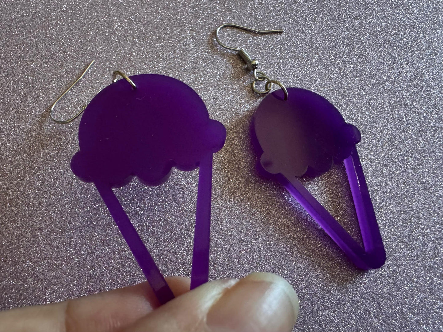 Ice Cream Earrings: Laser Cut Acrylic Purple Ice Cream Cones, Miniature Food, Novelty, Foodie, Taro, Hawaiian, Best Gifts for Her/Him/Them