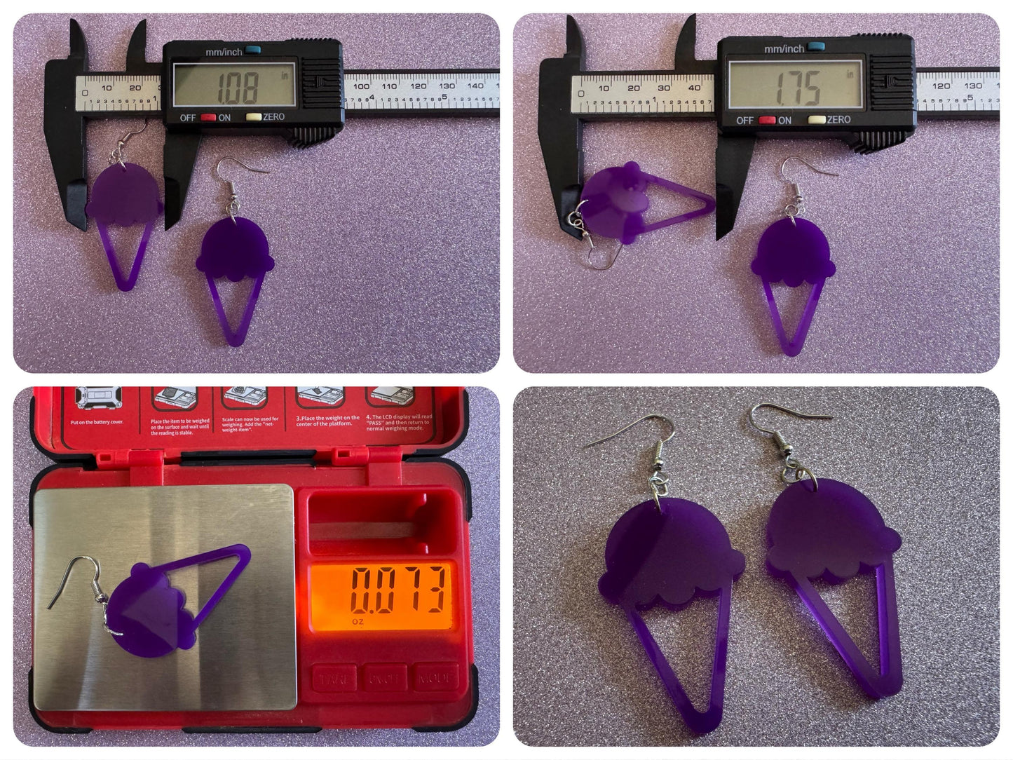 Ice Cream Earrings: Laser Cut Acrylic Purple Ice Cream Cones, Miniature Food, Novelty, Foodie, Taro, Hawaiian, Best Gifts for Her/Him/Them