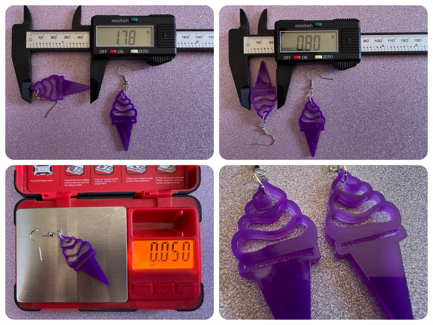 Ice Cream Earrings: Laser Cut Acrylic Purple Ice Cream Cones, Miniature Food, Novelty, Foodie, Taro, Hawaiian, Best Gifts for Her/Him/Them