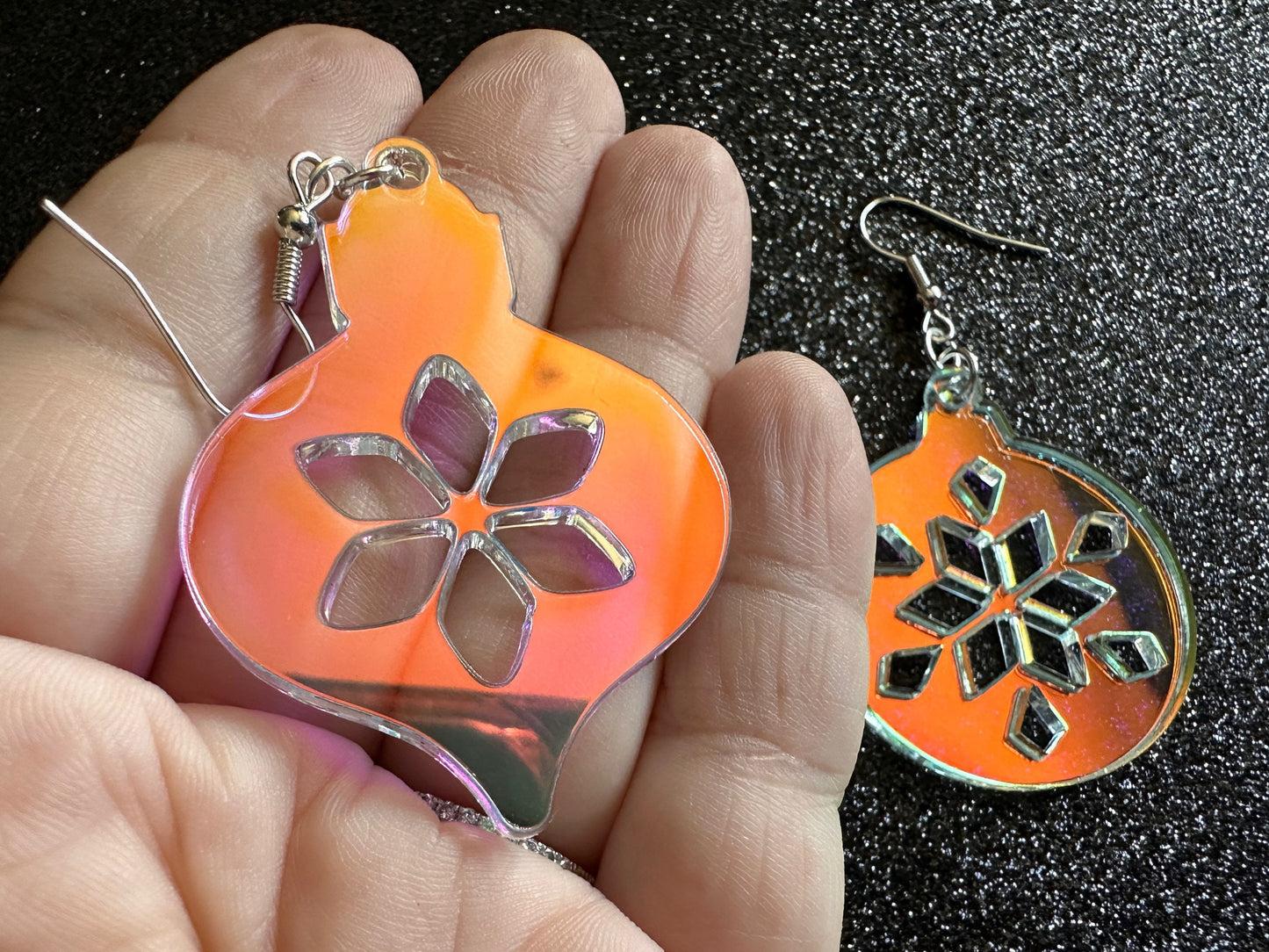 Iridescent Christmas Ornament Earrings: Laser Cut Acrylic Ornaments, Christmas Baubles, Festive, Holiday, Gifts for Her/Him/Them