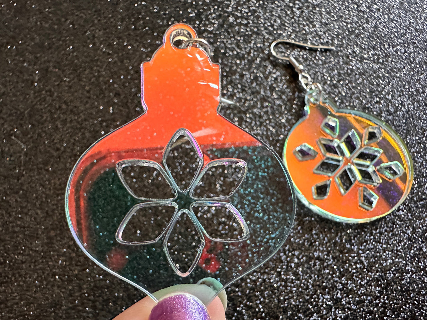 Iridescent Christmas Ornament Earrings: Laser Cut Acrylic Ornaments, Christmas Baubles, Festive, Holiday, Gifts for Her/Him/Them