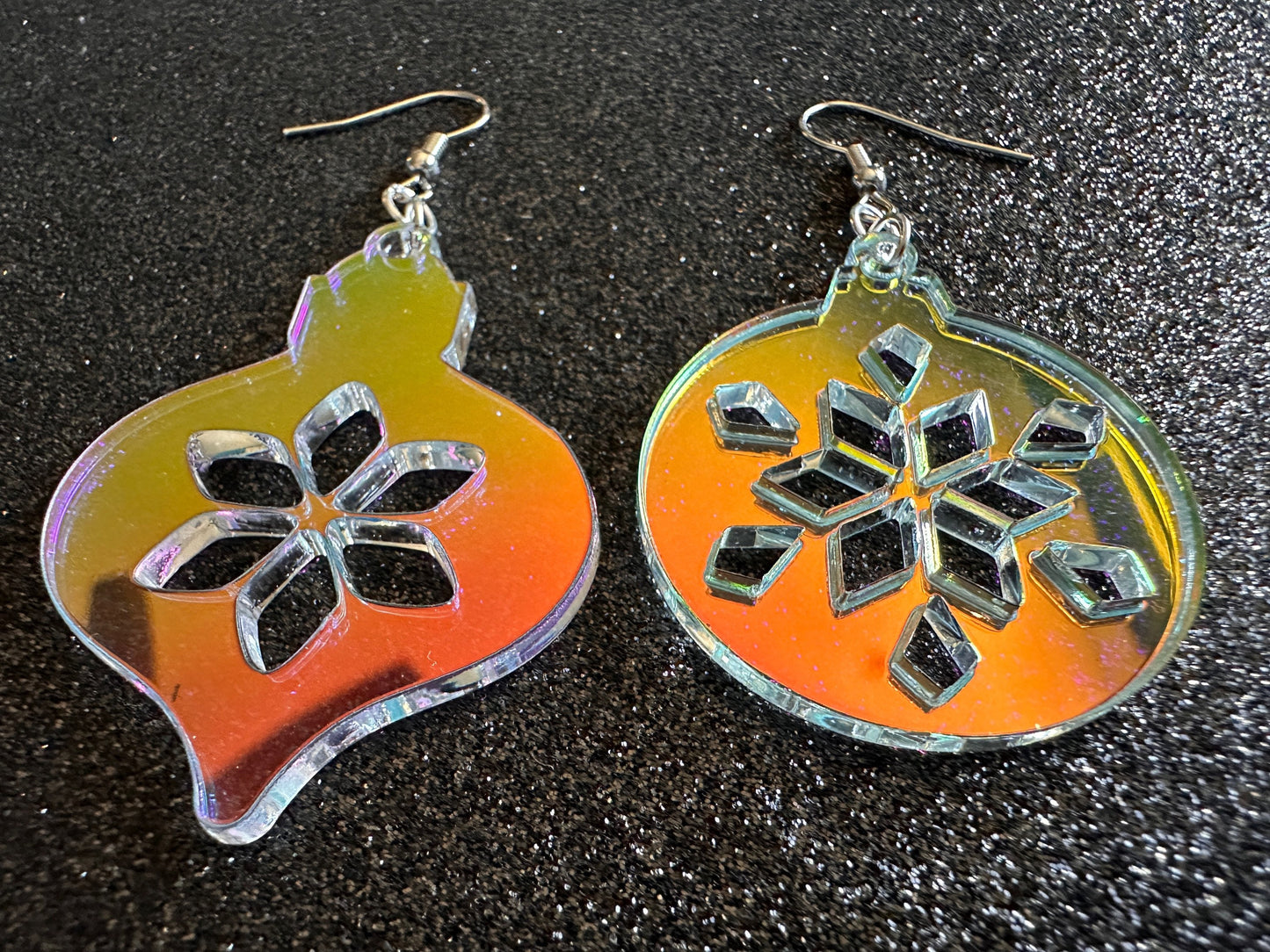 Iridescent Christmas Ornament Earrings: Laser Cut Acrylic Ornaments, Christmas Baubles, Festive, Holiday, Gifts for Her/Him/Them