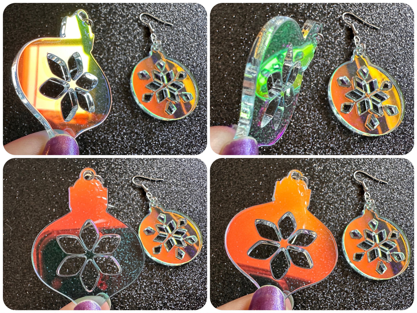 Iridescent Christmas Ornament Earrings: Laser Cut Acrylic Ornaments, Christmas Baubles, Festive, Holiday, Gifts for Her/Him/Them