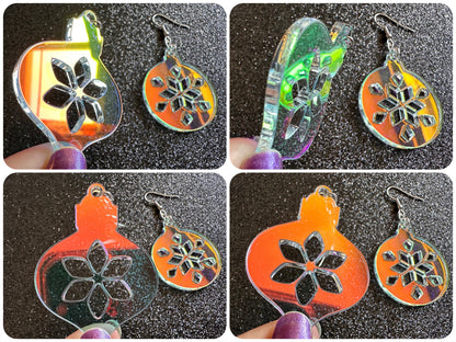 Iridescent Christmas Ornament Earrings: Laser Cut Acrylic Ornaments, Christmas Baubles, Festive, Holiday, Gifts for Her/Him/Them