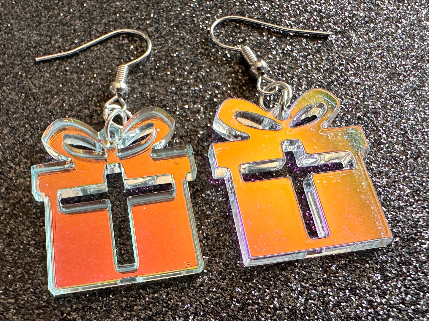 Iridescent Christmas Present Earrings: Laser Cut Acrylic Presents, Xmas, X-mas, Gift, Present & Bow, Birthday, Best Gifts for Her/Him/Them