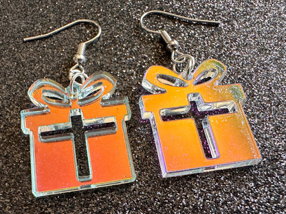 Iridescent Christmas Present Earrings: Laser Cut Acrylic Presents, Xmas, X-mas, Gift, Present & Bow, Birthday, Best Gifts for Her/Him/Them