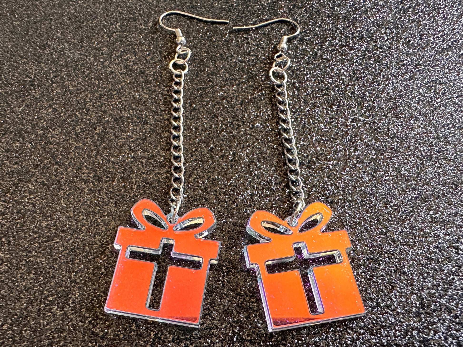 Iridescent Christmas Present Earrings: Laser Cut Acrylic Presents, Xmas, X-mas, Gift, Present & Bow, Birthday, Best Gifts for Her/Him/Them