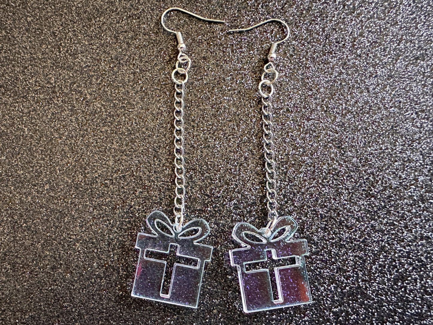 Iridescent Christmas Present Earrings: Laser Cut Acrylic Presents, Xmas, X-mas, Gift, Present & Bow, Birthday, Best Gifts for Her/Him/Them