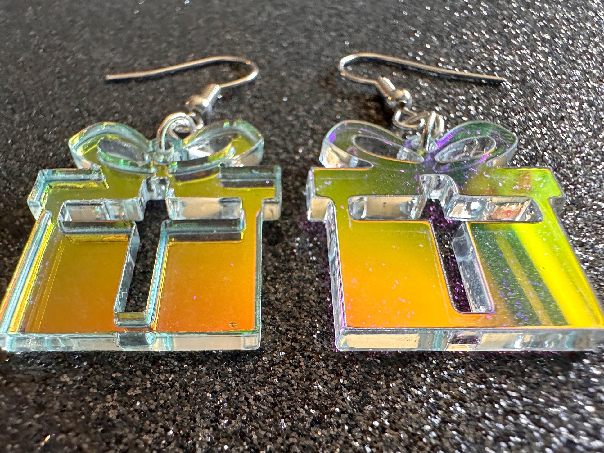 Iridescent Christmas Present Earrings: Laser Cut Acrylic Presents, Xmas, X-mas, Gift, Present & Bow, Birthday, Best Gifts for Her/Him/Them