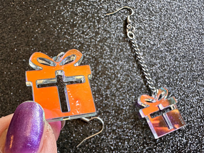 Iridescent Christmas Present Earrings: Laser Cut Acrylic Presents, Xmas, X-mas, Gift, Present & Bow, Birthday, Best Gifts for Her/Him/Them
