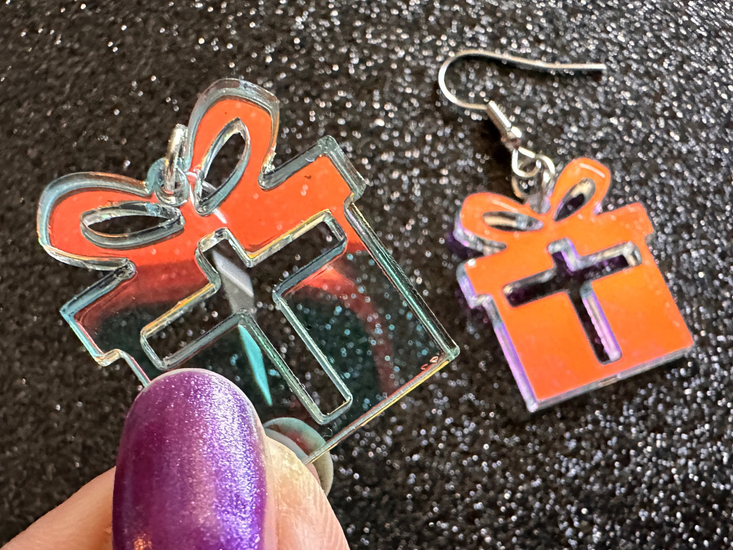 Iridescent Christmas Present Earrings: Laser Cut Acrylic Presents, Xmas, X-mas, Gift, Present & Bow, Birthday, Best Gifts for Her/Him/Them