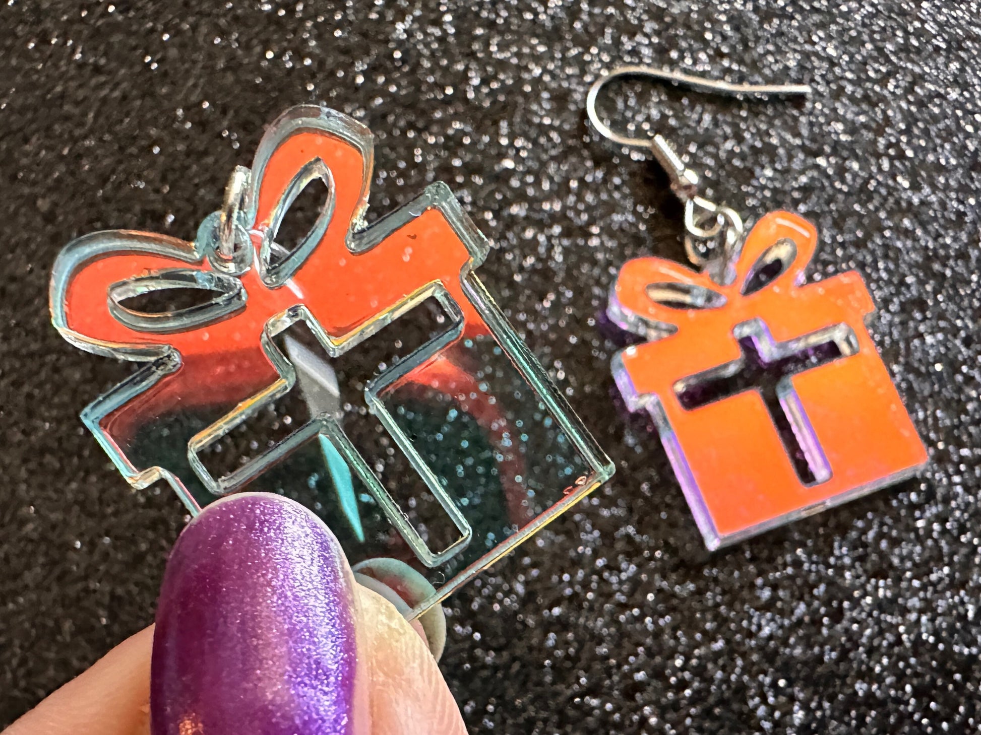 Iridescent Christmas Present Earrings: Laser Cut Acrylic Presents, Xmas, X-mas, Gift, Present & Bow, Birthday, Best Gifts for Her/Him/Them