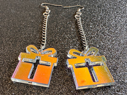 Iridescent Christmas Present Earrings: Laser Cut Acrylic Presents, Xmas, X-mas, Gift, Present & Bow, Birthday, Best Gifts for Her/Him/Them