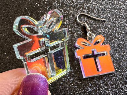 Iridescent Christmas Present Earrings: Laser Cut Acrylic Presents, Xmas, X-mas, Gift, Present & Bow, Birthday, Best Gifts for Her/Him/Them