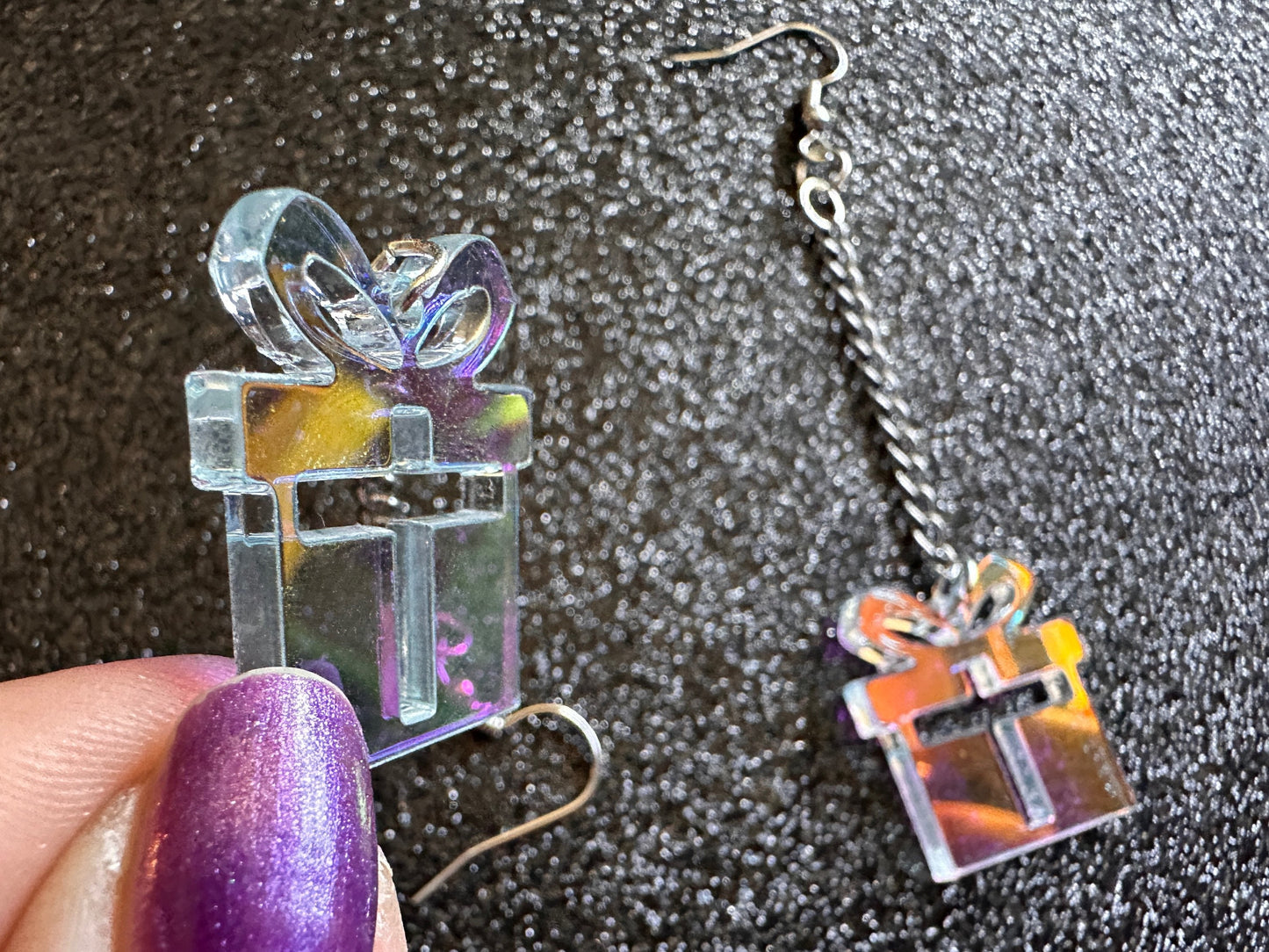 Iridescent Christmas Present Earrings: Laser Cut Acrylic Presents, Xmas, X-mas, Gift, Present & Bow, Birthday, Best Gifts for Her/Him/Them