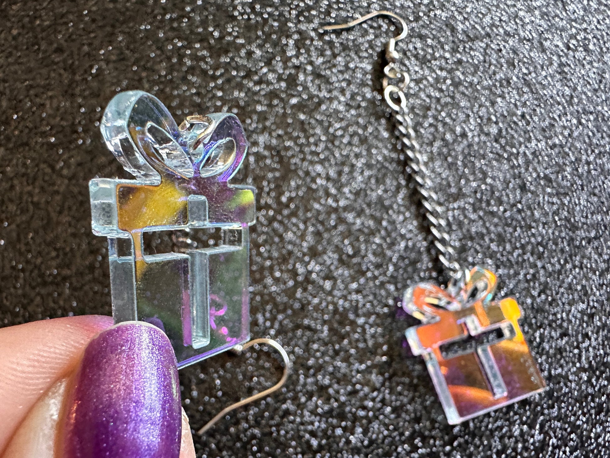 Iridescent Christmas Present Earrings: Laser Cut Acrylic Presents, Xmas, X-mas, Gift, Present & Bow, Birthday, Best Gifts for Her/Him/Them