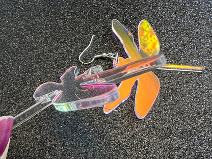 Iridescent Dragonfly Earrings: Laser Cut Acrylic Dragonflies, Summer, Lucky Insects, Bugs, Best Gifts for Her/Him/Them