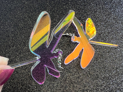 Iridescent Dragonfly Earrings: Laser Cut Acrylic Dragonflies, Summer, Lucky Insects, Bugs, Best Gifts for Her/Him/Them