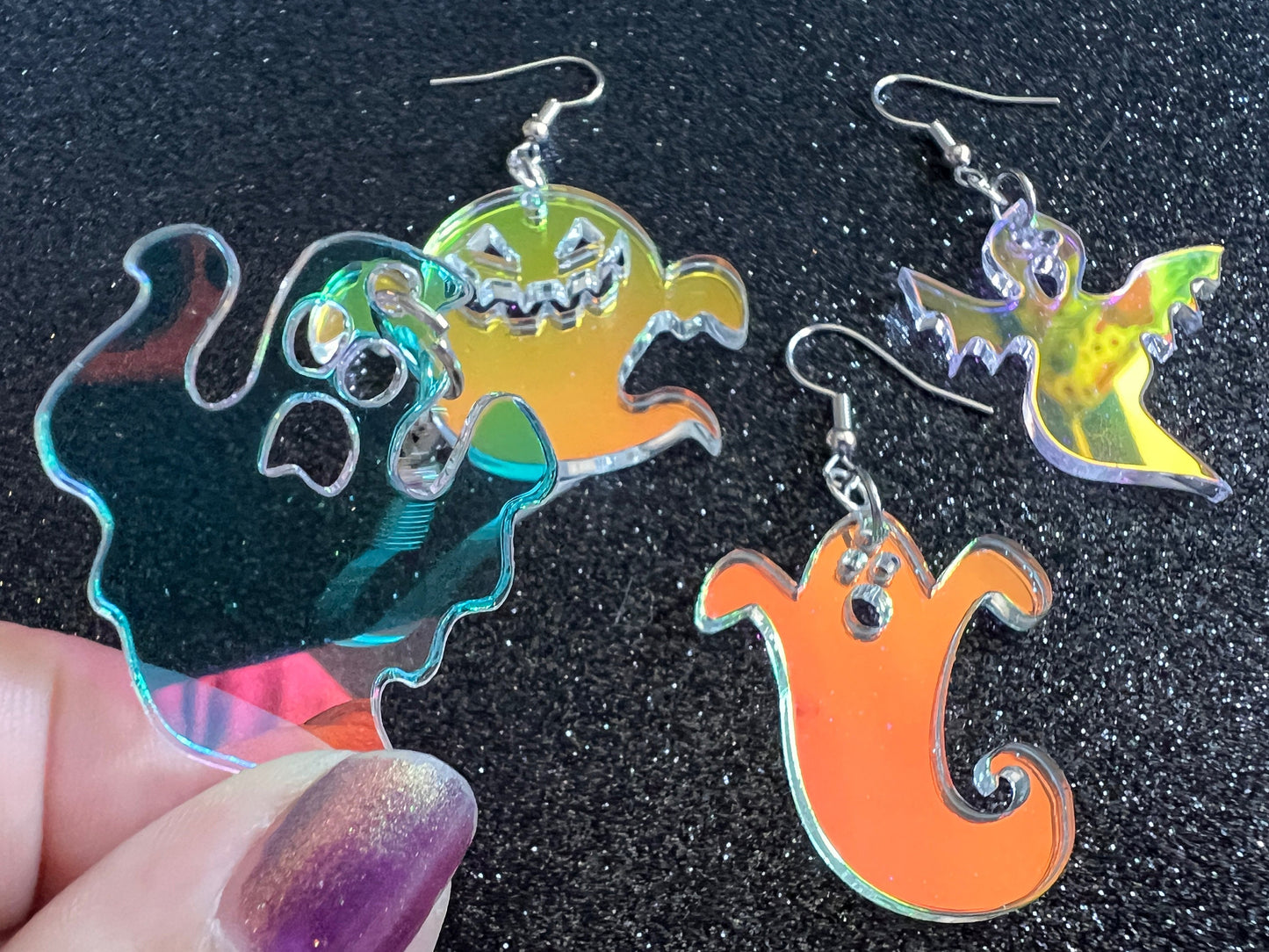 Iridescent Ghost Earrings: Laser Cut Halloween Acrylic Jewelry