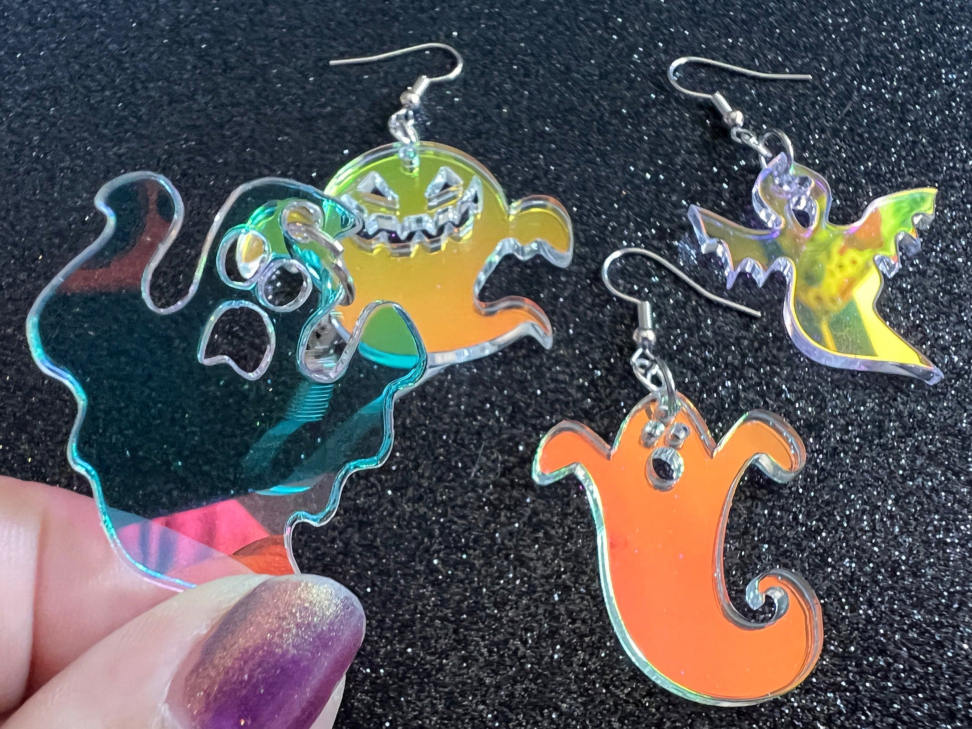 Iridescent Ghost Earrings: Laser Cut Halloween Acrylic Jewelry