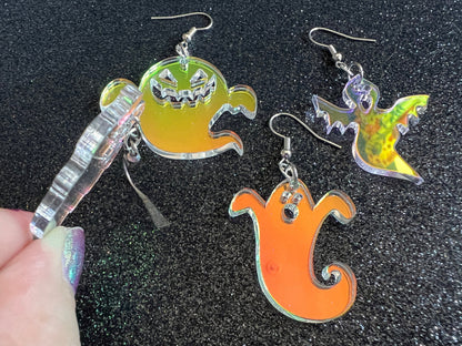 Iridescent Ghost Earrings: Laser Cut Halloween Acrylic Jewelry