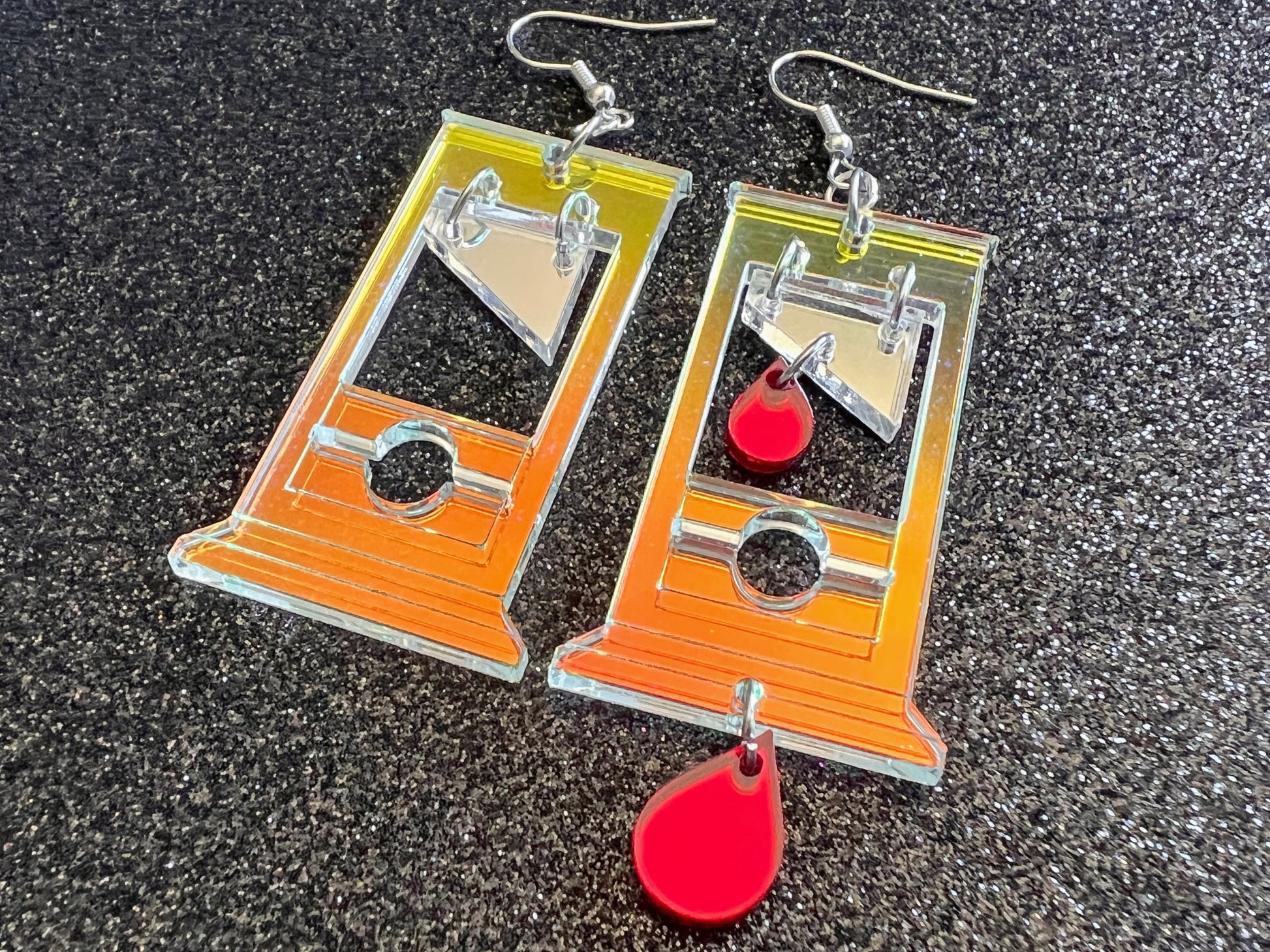 Iridescent Guillotine Earrings: Halloween, Scary, Horror, Execution, Death, Decapitation, Laser Cut Acrylic, Best Gifts for Her/Him/Them