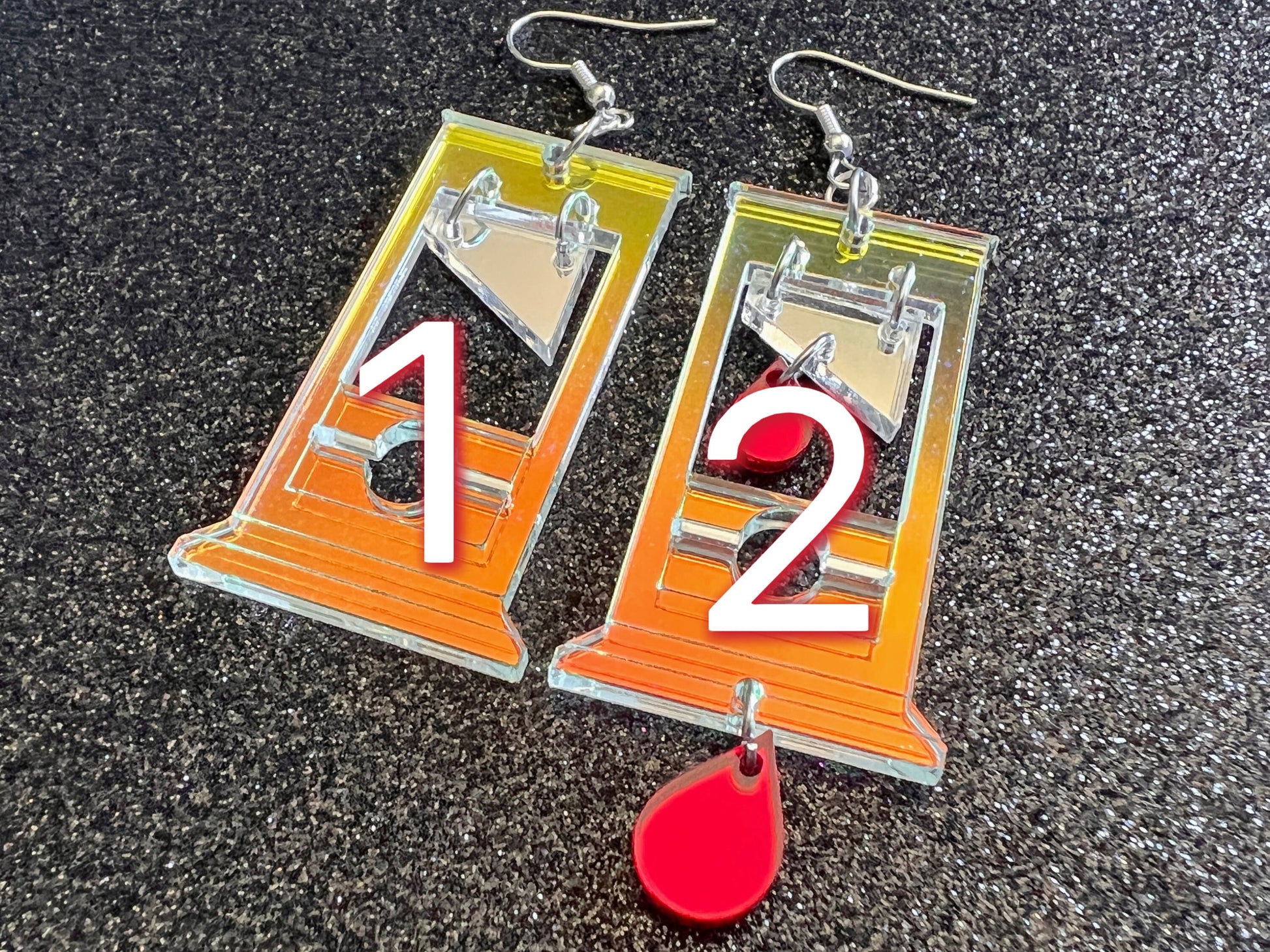 Iridescent Guillotine Earrings: Halloween, Scary, Horror, Execution, Death, Decapitation, Laser Cut Acrylic, Best Gifts for Her/Him/Them