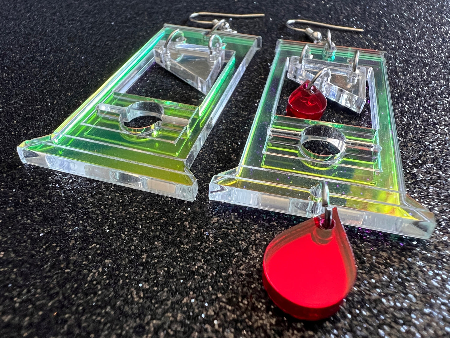 Iridescent Guillotine Earrings: Halloween, Scary, Horror, Execution, Death, Decapitation, Laser Cut Acrylic, Best Gifts for Her/Him/Them