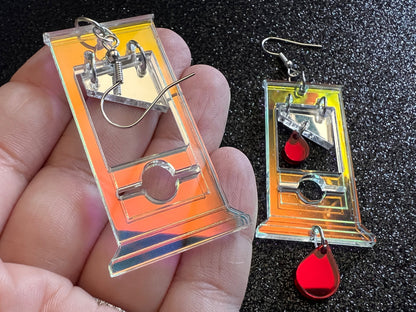 Iridescent Guillotine Earrings: Halloween, Scary, Horror, Execution, Death, Decapitation, Laser Cut Acrylic, Best Gifts for Her/Him/Them