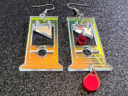 Iridescent Guillotine Earrings: Halloween, Scary, Horror, Execution, Death, Decapitation, Laser Cut Acrylic, Best Gifts for Her/Him/Them