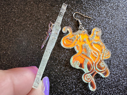 Iridescent Octopus Earrings: Laser Cut Acrylic Octopuses, Aquarium Fish, Ocean Creatures, Tropical Animals, Octopi, Gifts for Her/Him/Them