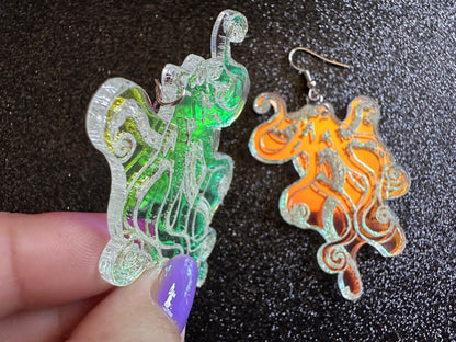 Iridescent Octopus Earrings: Laser Cut Acrylic Octopuses, Aquarium Fish, Ocean Creatures, Tropical Animals, Octopi, Gifts for Her/Him/Them
