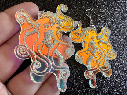 Iridescent Octopus Earrings: Laser Cut Acrylic Octopuses, Aquarium Fish, Ocean Creatures, Tropical Animals, Octopi, Gifts for Her/Him/Them