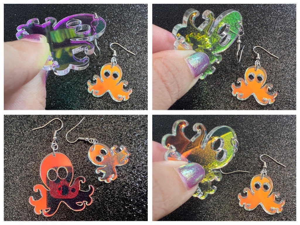 Iridescent Octopus Earrings: Laser Cut Acrylic Octopuses, Cephalopods, Ocean Animals, Fish, Sea Creatures, Aquatic, Gifts for Her/Him/Them