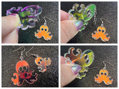 Iridescent Octopus Earrings: Laser Cut Acrylic Octopuses, Cephalopods, Ocean Animals, Fish, Sea Creatures, Aquatic, Gifts for Her/Him/Them