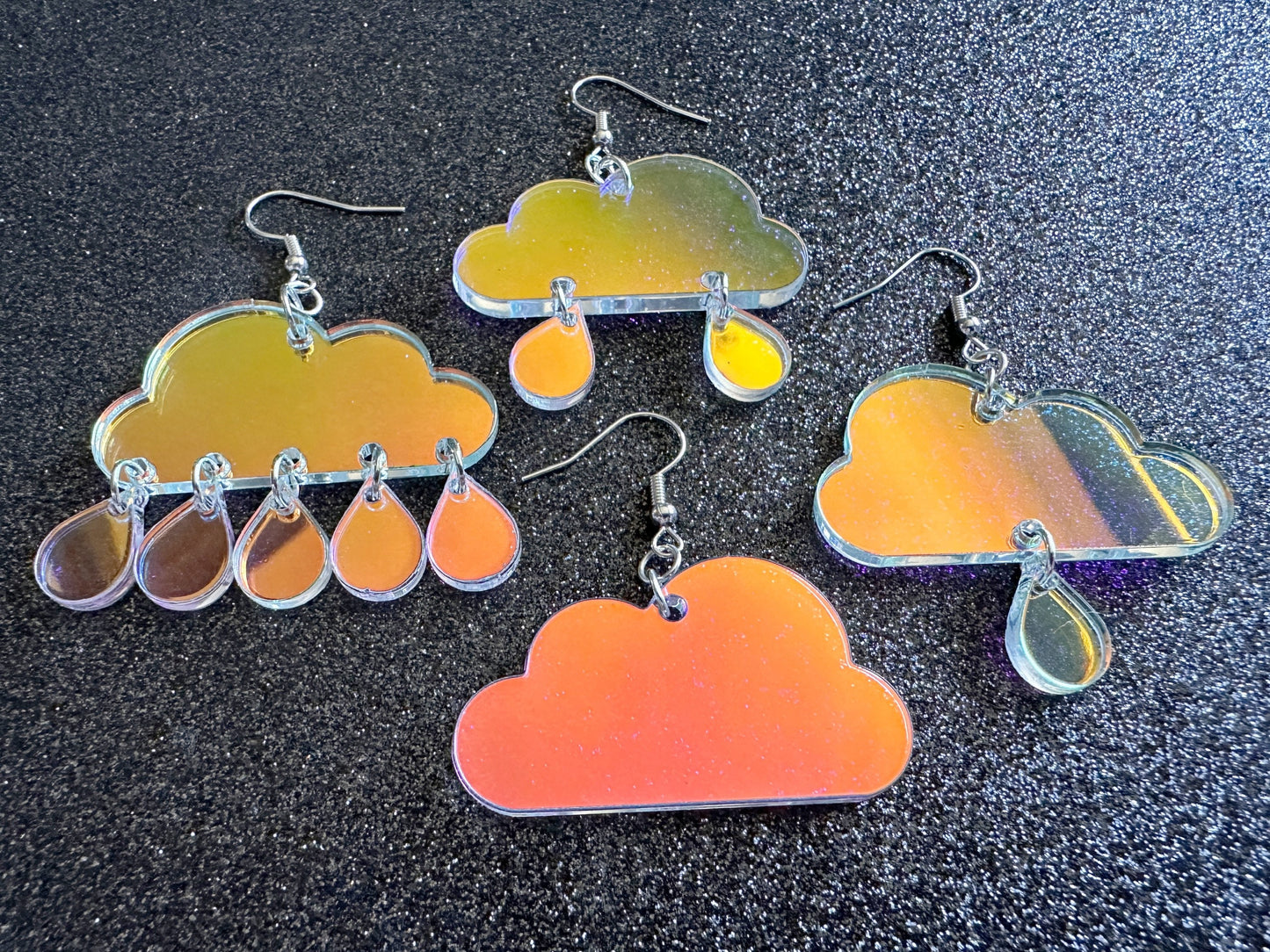 Iridescent Rain Cloud Earrings: Laser Cut Acrylic Raindrops, Rain Drops, Stormy Weather, Raining, Rain Storm, Cold, Gifts for Her/Him/Them