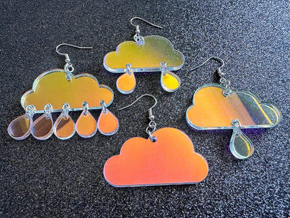 Iridescent Rain Cloud Earrings: Laser Cut Acrylic Raindrops, Rain Drops, Stormy Weather, Raining, Rain Storm, Cold, Gifts for Her/Him/Them