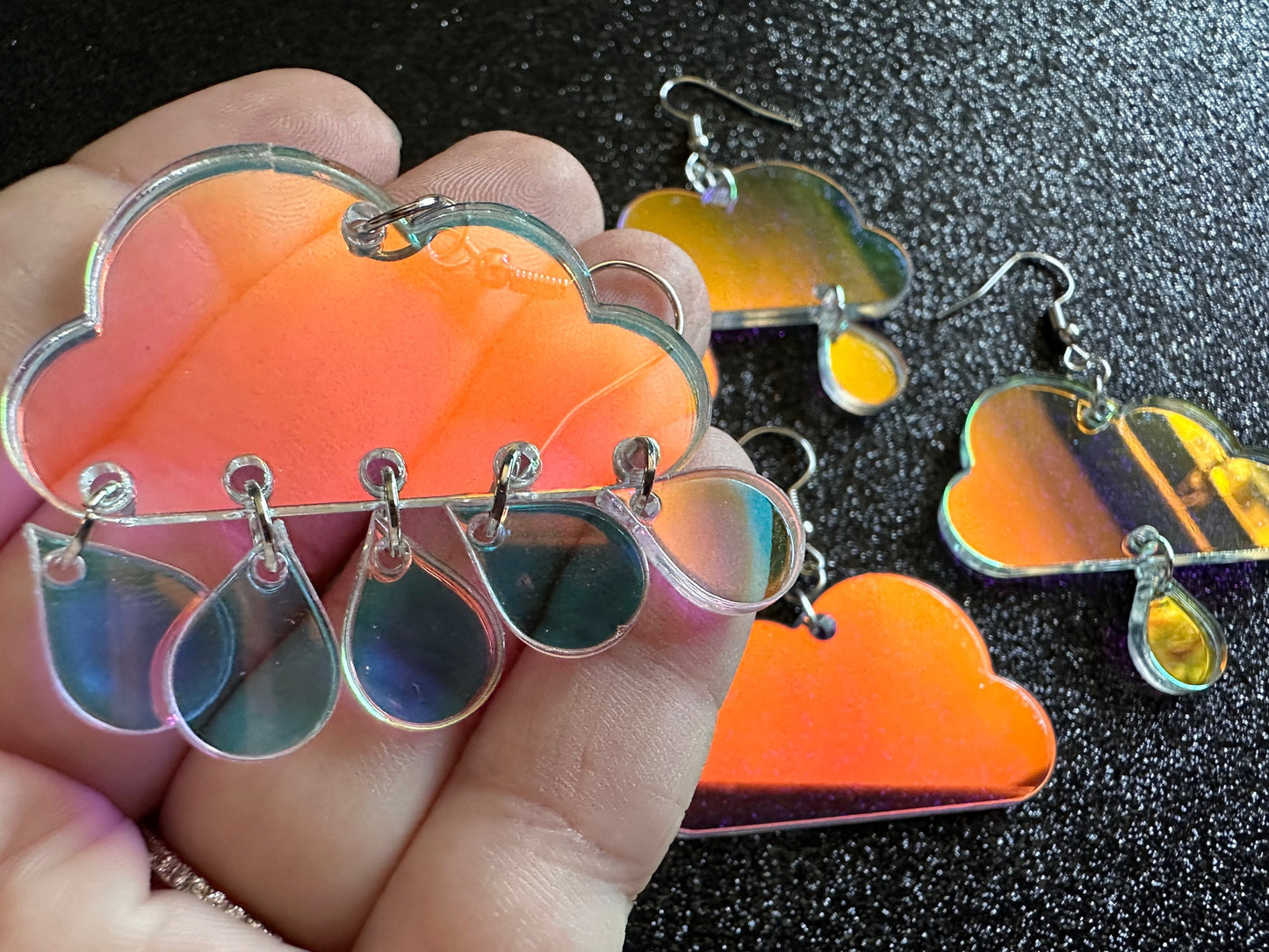 Iridescent Rain Cloud Earrings: Laser Cut Acrylic Raindrops, Rain Drops, Stormy Weather, Raining, Rain Storm, Cold, Gifts for Her/Him/Them