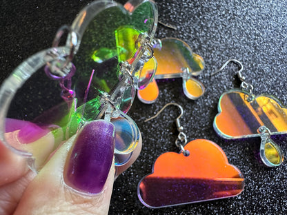 Iridescent Rain Cloud Earrings: Laser Cut Acrylic Raindrops, Rain Drops, Stormy Weather, Raining, Rain Storm, Cold, Gifts for Her/Him/Them