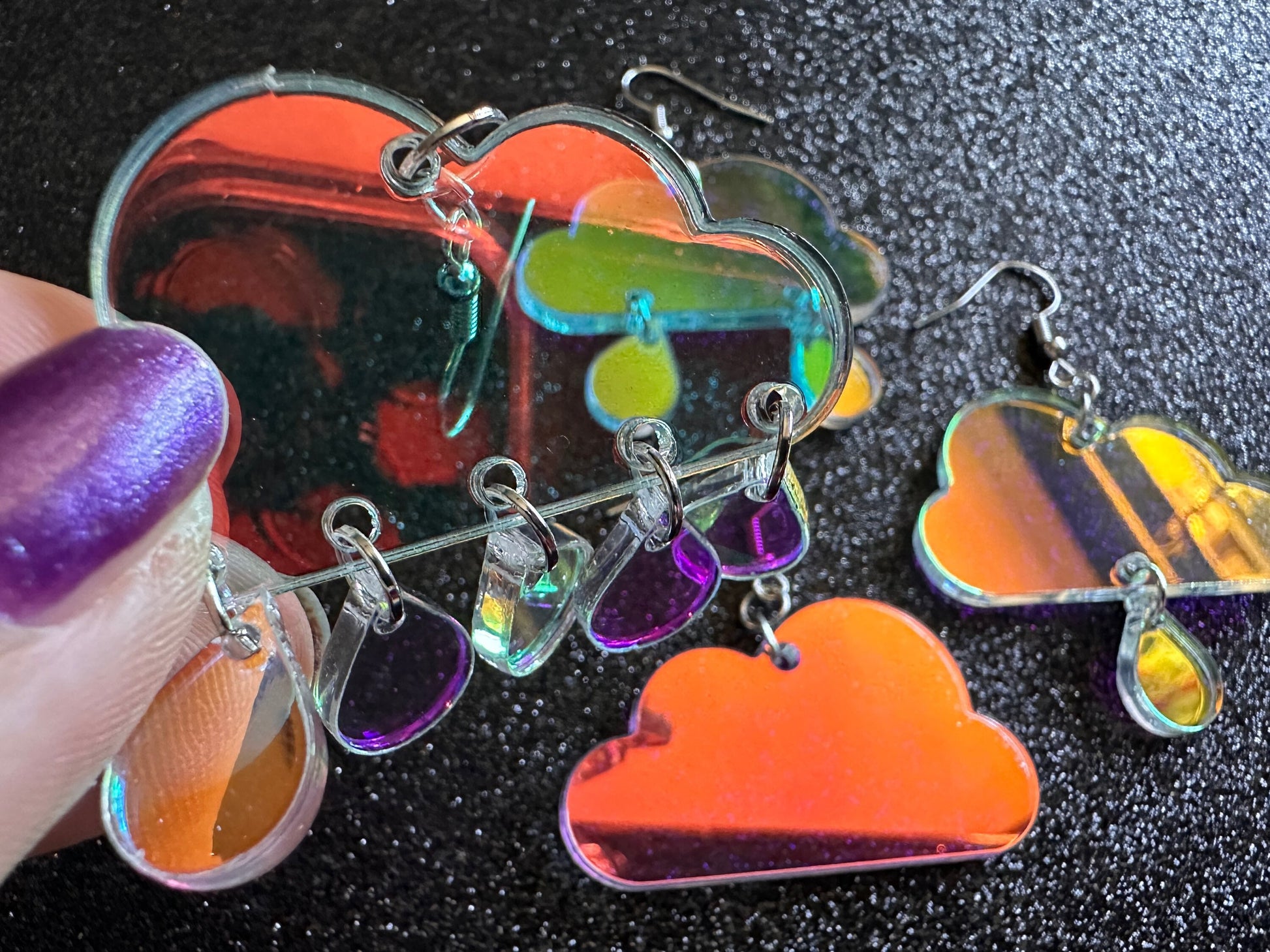 Iridescent Rain Cloud Earrings: Laser Cut Acrylic Raindrops, Rain Drops, Stormy Weather, Raining, Rain Storm, Cold, Gifts for Her/Him/Them
