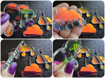 Iridescent Rain Cloud Earrings: Laser Cut Acrylic Raindrops, Rain Drops, Stormy Weather, Raining, Rain Storm, Cold, Gifts for Her/Him/Them