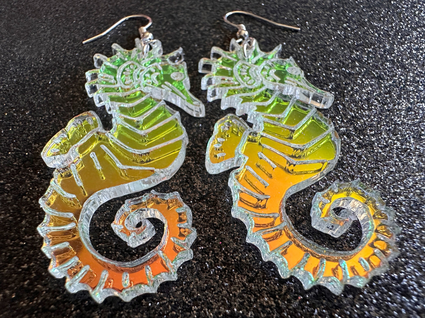 Iridescent Seahorse Earrings: Laser Cut Acrylic Seahorses, Sea Creatures, Ocean Animals, Aquarium Fish, Tropical, Gifts for Her/Him/Them