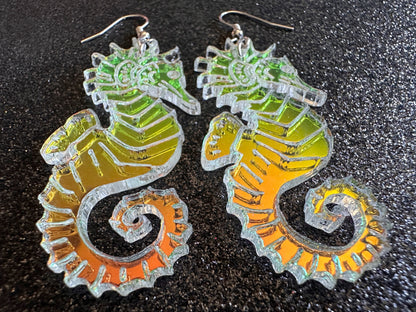 Iridescent Seahorse Earrings: Laser Cut Acrylic Seahorses, Sea Creatures, Ocean Animals, Aquarium Fish, Tropical, Gifts for Her/Him/Them