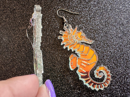 Iridescent Seahorse Earrings: Laser Cut Acrylic Seahorses, Sea Creatures, Ocean Animals, Aquarium Fish, Tropical, Gifts for Her/Him/Them