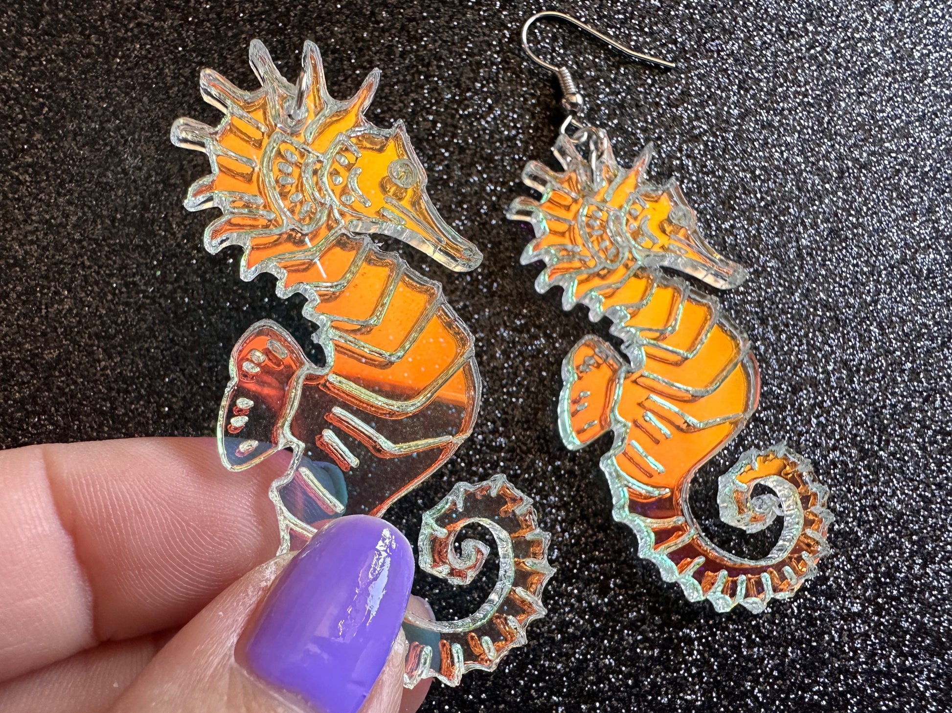 Iridescent Seahorse Earrings: Laser Cut Acrylic Seahorses, Sea Creatures, Ocean Animals, Aquarium Fish, Tropical, Gifts for Her/Him/Them